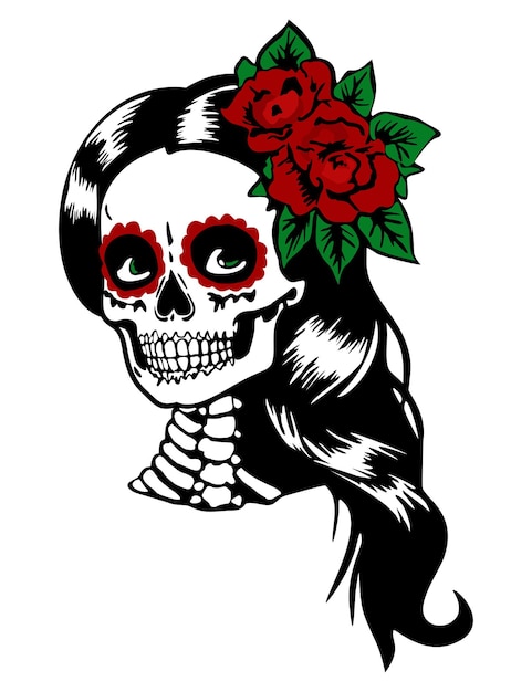 Cabeza de Catrina Mujer cráneo de azúcar Día Mexicano de los Muertos Vector ilustración aislada