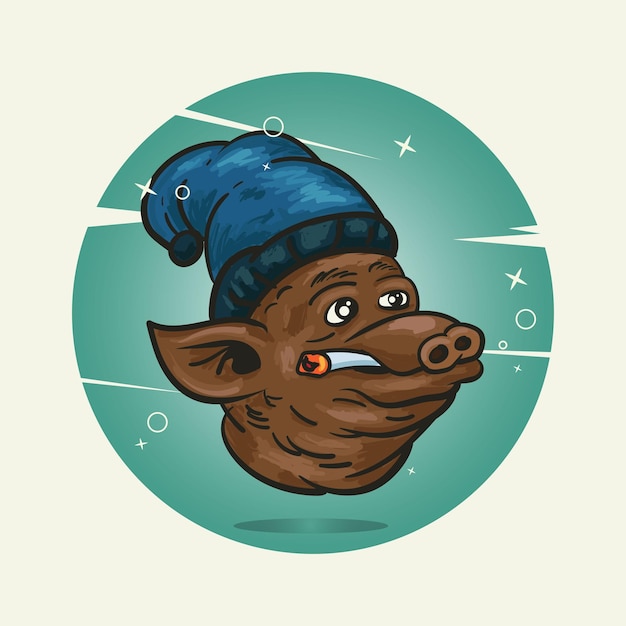 Vector cabeza de cerdo usar casquetes e ilustración de vector de diseño de fumar