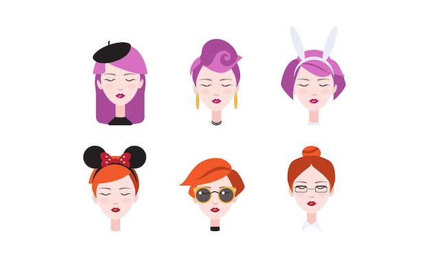Cabeza de chicas hermosas con los ojos cerrados establece diferentes tipos de peinados femeninos y tocados vector ilustración aislada sobre fondo blanco