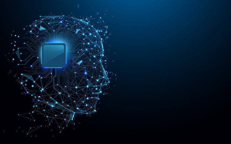 Vector cabeza y chip de computadora forman líneas y diseño de estilo de partícula.