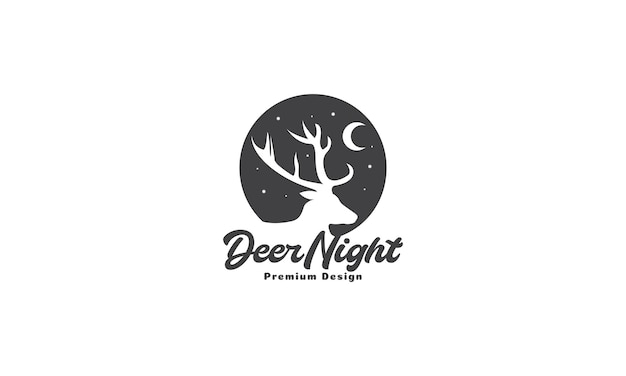 Cabeza de ciervo de silueta con diseño de ilustración de icono de símbolo de vector de logotipo de luna nocturna
