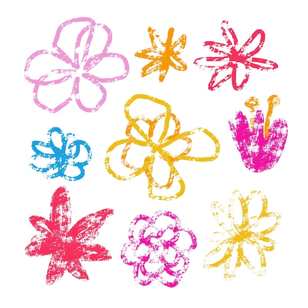 Vector cabeza de una colección de lápices de cera de flores para niños de estilo de dibujo de color conjunto de flores de cera dibujada a mano