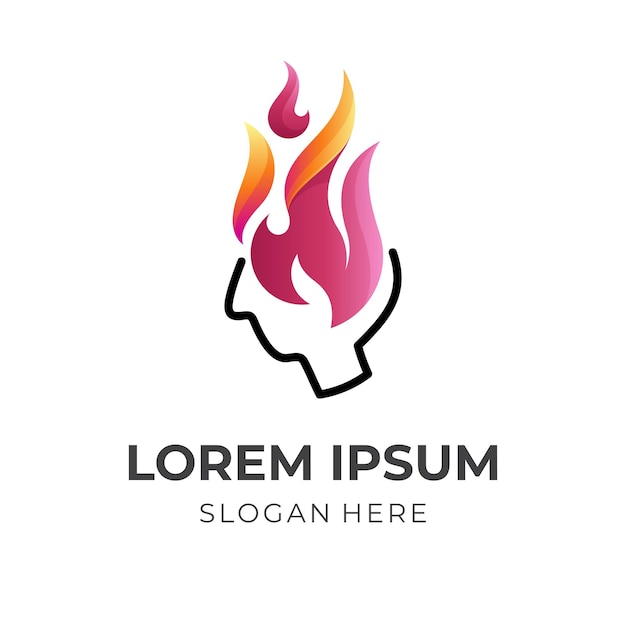 Cabeza de concepto de logotipo de explosión mental y logotipo de combinación de fuego con estilo de color rojo y naranja 3d