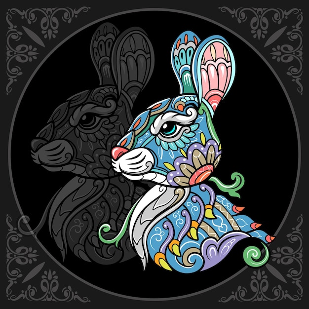 Vector cabeza de conejo de pascua colorido artes mandala aislado sobre fondo negro