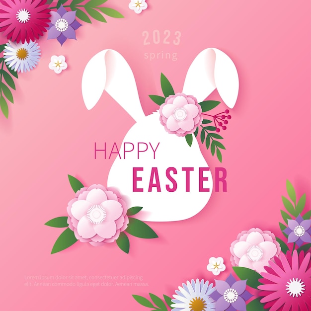 Cabeza de conejo de Pascua con origami, papel, flores de primavera, tarjeta de venta con decoración navideña para el corte de orejas, animales, niños, tarjetas postales de felicitación o postales, póster vectorial o plantilla de marco.