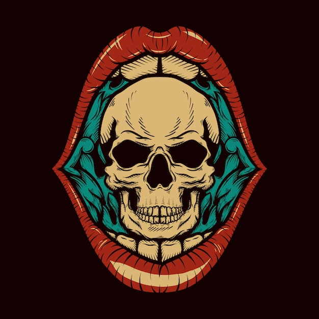 Cabeza de cráneo con boca abierta vintage retro grabado ilustración