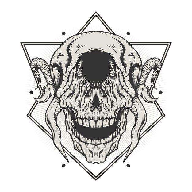 Cabeza de cráneo con cuernos, diseño de ilustraciones detalladas
