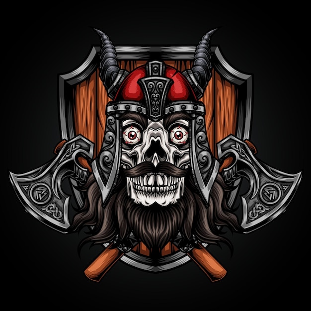 cabeza de cráneo con escudo de casco vikingo e ilustración de vector de hacha