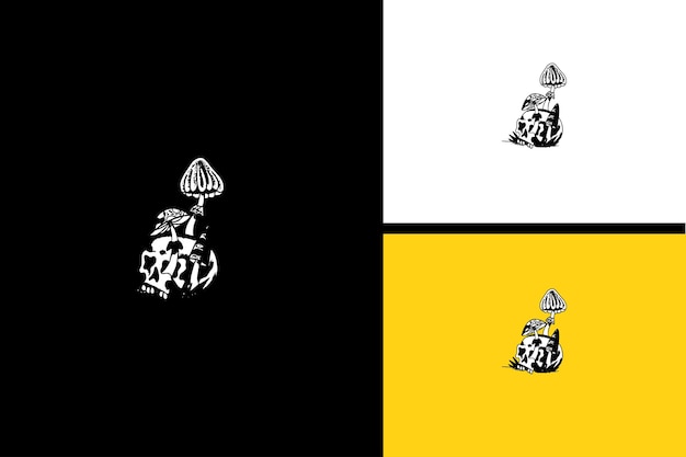 cabeza, cráneo, y, hongo, vector, blanco y negro