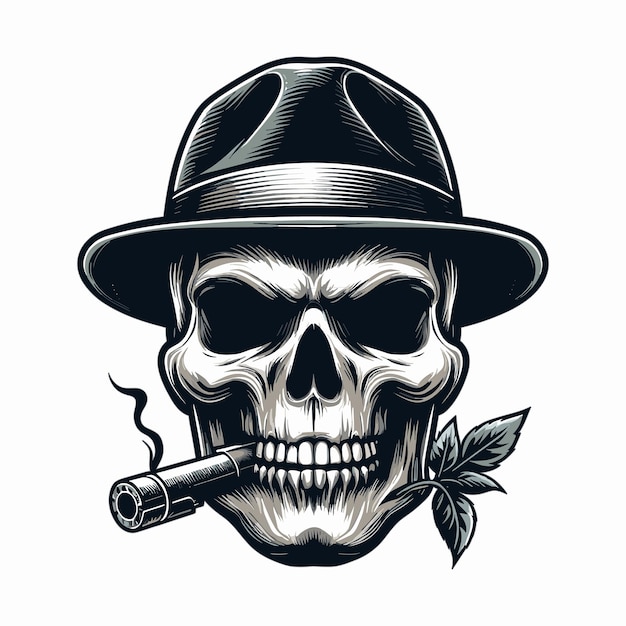 Cabeza de cráneo con ilustración de sombrero de mafia en fondo blanco
