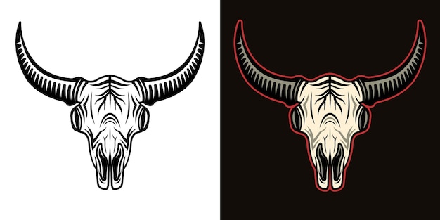 Cabeza de cráneo de toro o bisonte en dos estilos, negro sobre blanco y colorido en la ilustración de vector de fondo oscuro