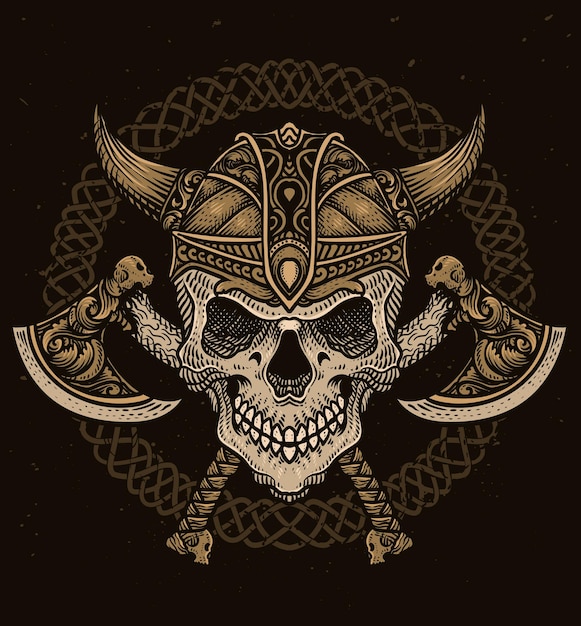 Cabeza de cráneo vikingo aislada con dos hachas arma diseño de camiseta ilustración vectorial de diseño de tatuaje