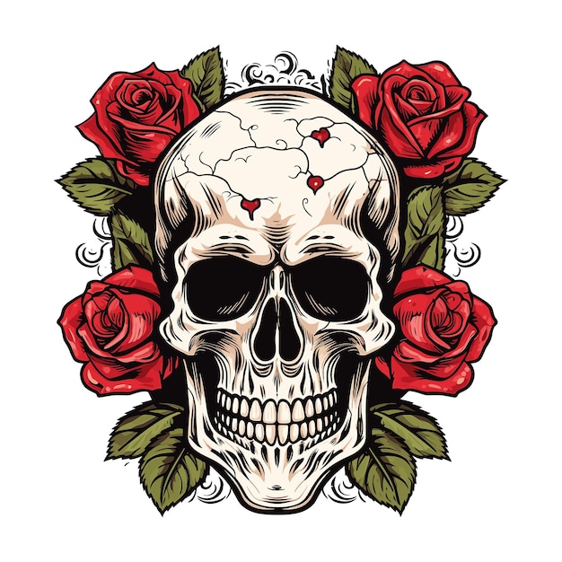 Vector cabeza de cráneo vintage con ilustraciones de rosas rojas