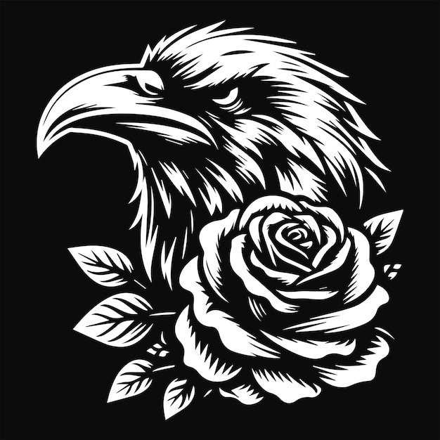 Cabeza de cuervo con flor de rosa Grunge estilo vintage Ilustración dibujada a mano en blanco y negro