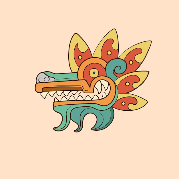 Cabeza de cultura del dragón dibujada a mano cabeza de quetzalcóatl dios mexicano azteca para imprimir prendas de vestir