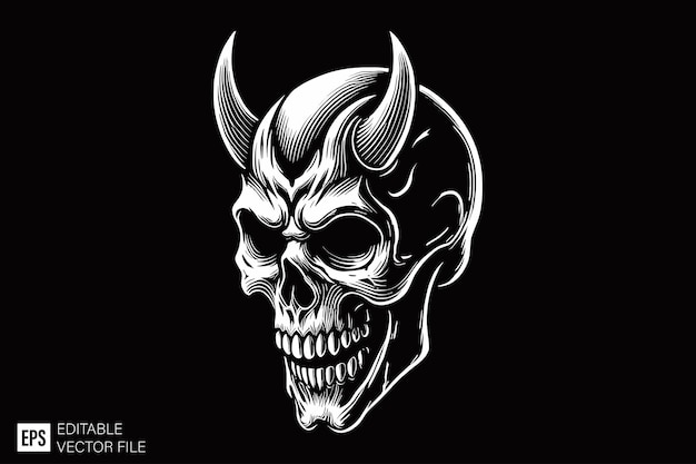 cabeza de demonio del cráneo estilo de arte oscuro diseño vectorial ilustración en blanco y negro