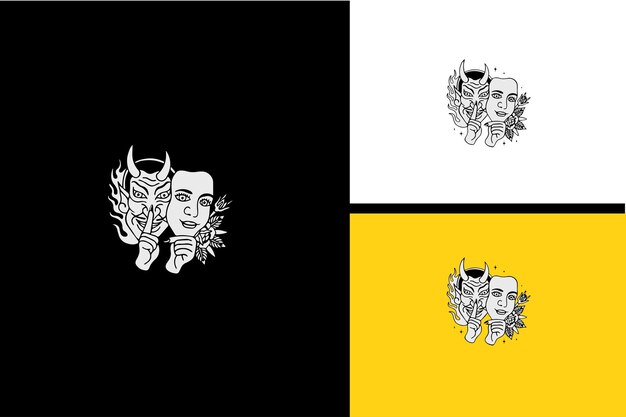 Cabeza diablo y máscara mujer vector blanco y negro