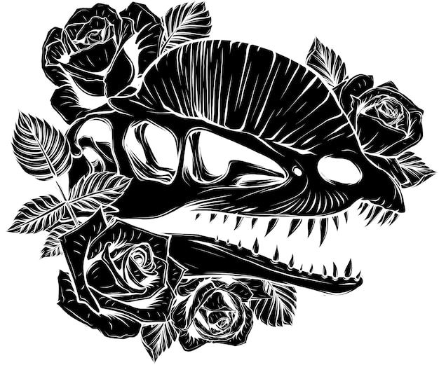 cabeza de dinosaurio con diseño de ilustraciones de rosas