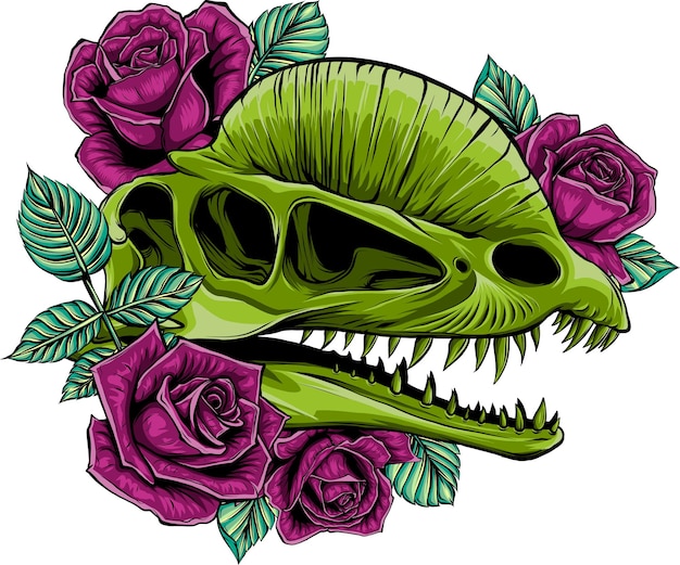cabeza de dinosaurio con diseño de ilustraciones de rosas