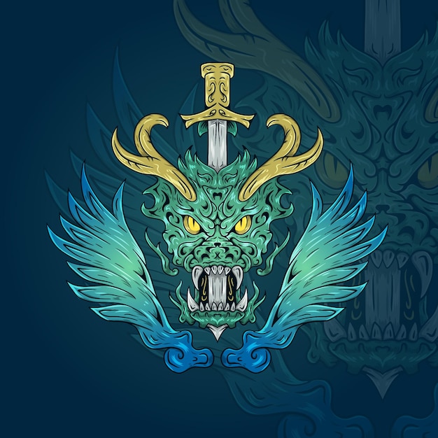 Vector cabeza de dragón y alas con ilustración de espada