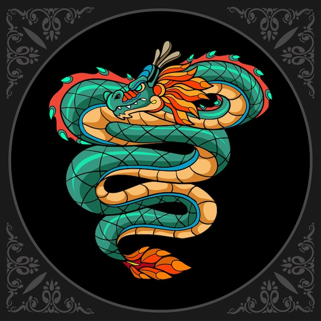 Cabeza de dragón colorido aislado sobre fondo negro