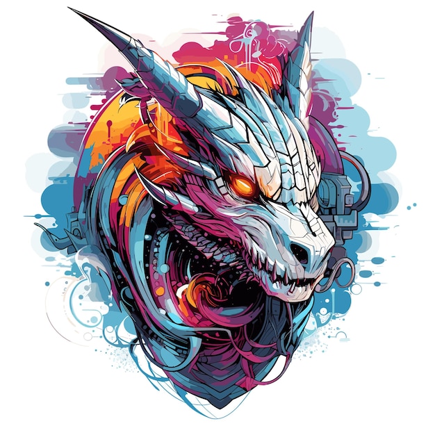 Cabeza de dragón dibujo multicolor diseño de camiseta ilustración vectorial