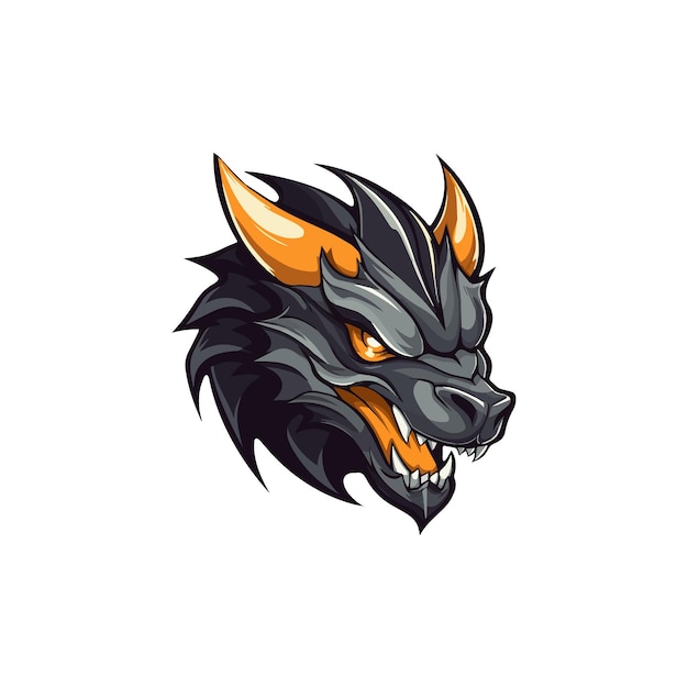 Cabeza de dragón negro enojado con cuernos amarillos emblema del equipo de juegos de esports o diseño de estampado de camiseta