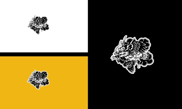Cabeza de dragón volador y diseño de arte de línea vectorial de llamas