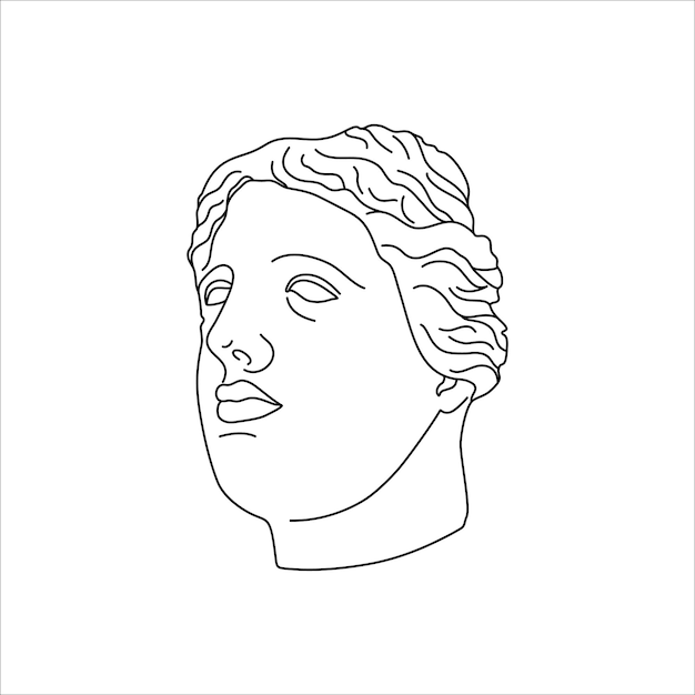Cabeza de estatua antigua en un estilo minimalista de moda. Ilustración vectorial del dios griego para impresiones en camisetas, carteles, postales, tatuajes y más