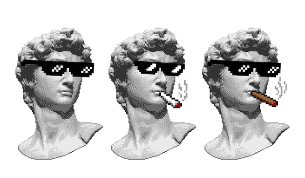 Cabeza de estatua pixelada gafas de sol y cigarrillo David escultura busto ilustración en estilo pixel art aislado sobre fondo blanco Atributos de matón