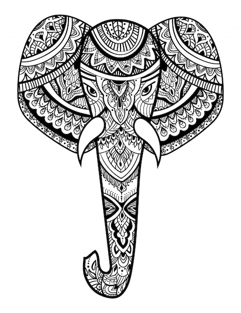 Cabeza estilizada de un elefante. Retrato ornamental de un elefante. Dibujo en blanco y negro.