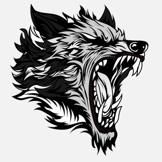 Vector cabeza feroz lobo agresivo silueta de contorno rugiente sobre un fondo negro para tatuajes y diseño de camisetas