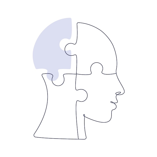 Cabeza en forma de rompecabezas que carece de una pieza en un dibujo lineal. Concepto de salud mental. Ilustración vectorial