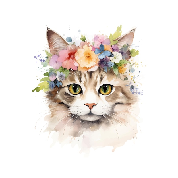 Vector cabeza de gato de acuarela con ilustración de flores
