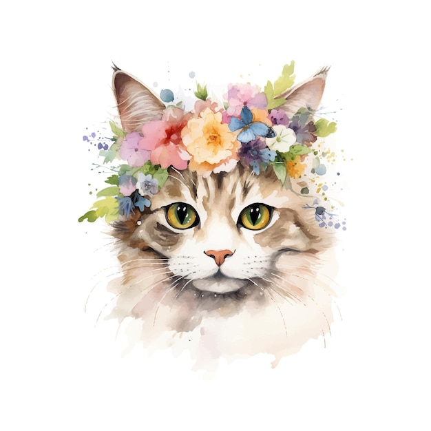 cabeza de gato de acuarela con ilustración de flores