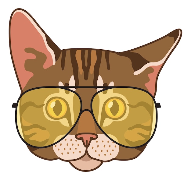 Cabeza de gato Avatar hipster gracioso con gafas amarillas retrato de animal lindo personaje de moda gatito de moda pegatina única hocico elegante mascota moderna ilustración plana de dibujos animados vectorial