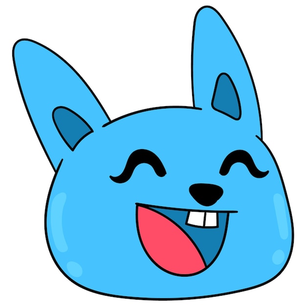 Cabeza de gato azul riendo cara feliz, emoticon de cartón de ilustración vectorial. dibujo de icono de doodle