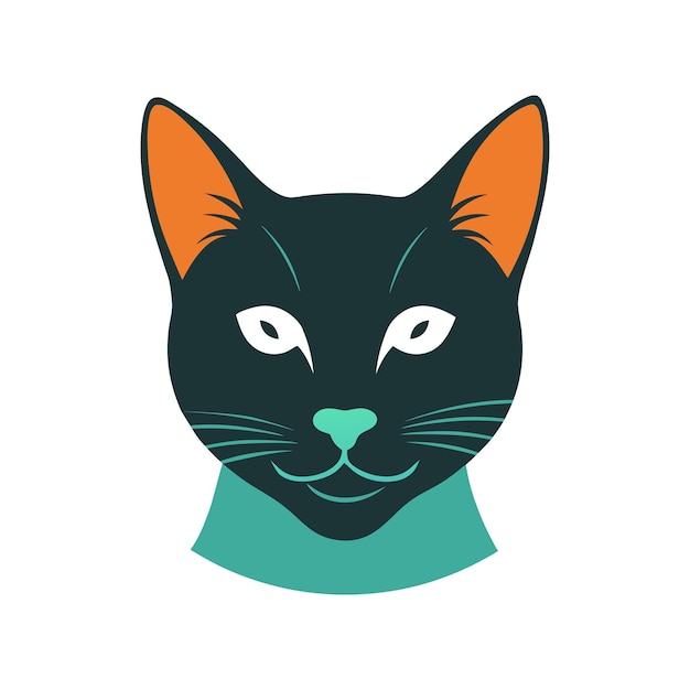 Cabeza de gato negro estilizada con orejas naranjas y acentos de azul azulado