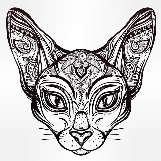 Cabeza de gato ornamentada vintage con adornos tribales Arte de tatuaje de fondo étnico ideal Arte de tatuaje de espiritualidad egipcia tailandesa Diseño boho Perfecto para imprimir carteles camisetas y textiles Ilustración vectorial