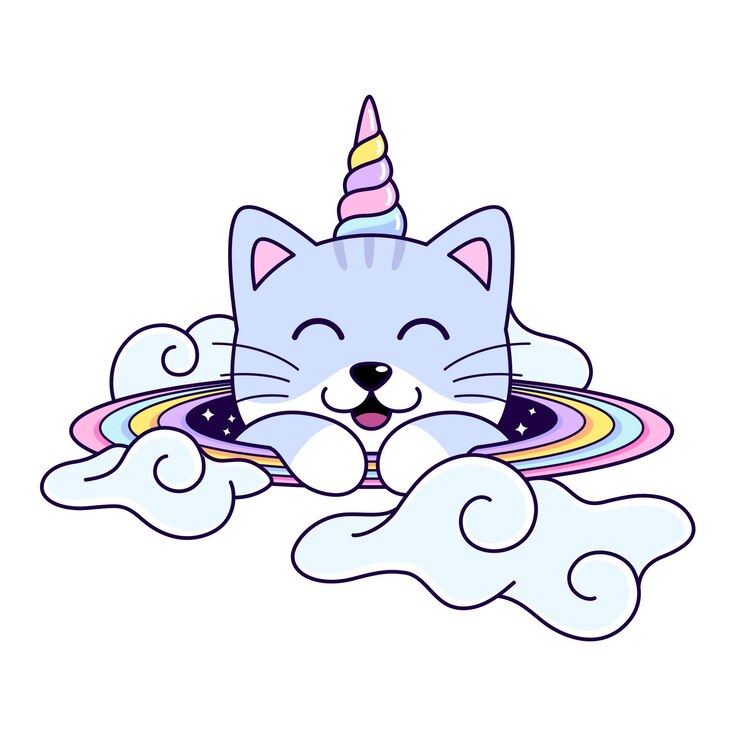 Vector cabeza de gato unicornio en el espacio anillo de arco iris con nubes ilustración vectorial de estilo dibujos animados de magia