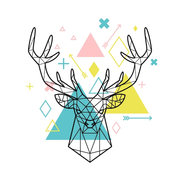 Cabeza geométrica de ciervo. Ilustraciones de dibujos animados de figura animal abstracta poligonal, silueta de personaje de bosque de ilustración vectorial de triángulos y líneas sobre fondo blanco