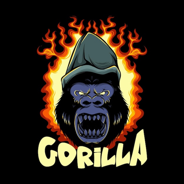 cabeza de gorila con sombrero e ilustración de fuego humeante