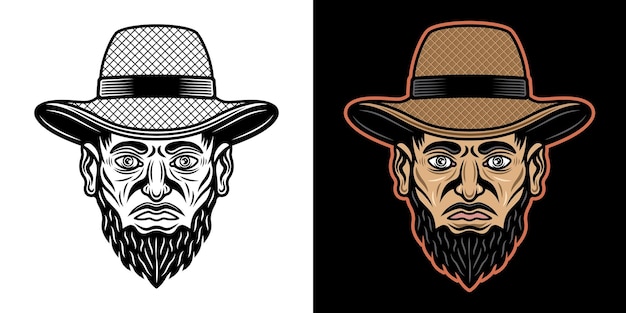 Cabeza de granjero con sombrero de paja con ilustración vectorial de barba en dos estilos