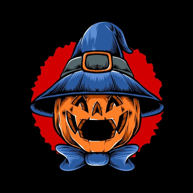 Cabeza de halloween de calabaza con vector de sombrero de bruja