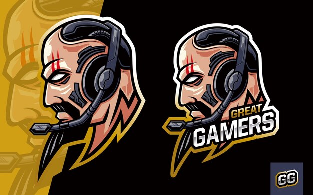 Vector cabeza de hombre con barba usando auriculares logotipo de esport mascota