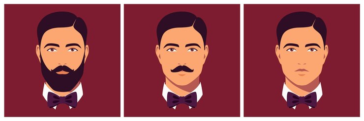 Vector cabeza de hombre barbudo con bigote y afeitado con pajarita retrato de hombre moreno barbudo de cara completa