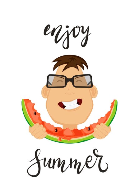 Cabeza de hombre comiendo sandía Niño feliz aislado sobre fondo blanco La ilustración se puede utilizar para el diseño de verano cartel banner vacaciones tarjeta ropa infantil diseño camisetas