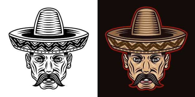 Cabeza de hombre mexicano con bigote y sombrero sombrero en dos estilos negro sobre blanco y coloreado en la ilustración vectorial de fondo oscuro