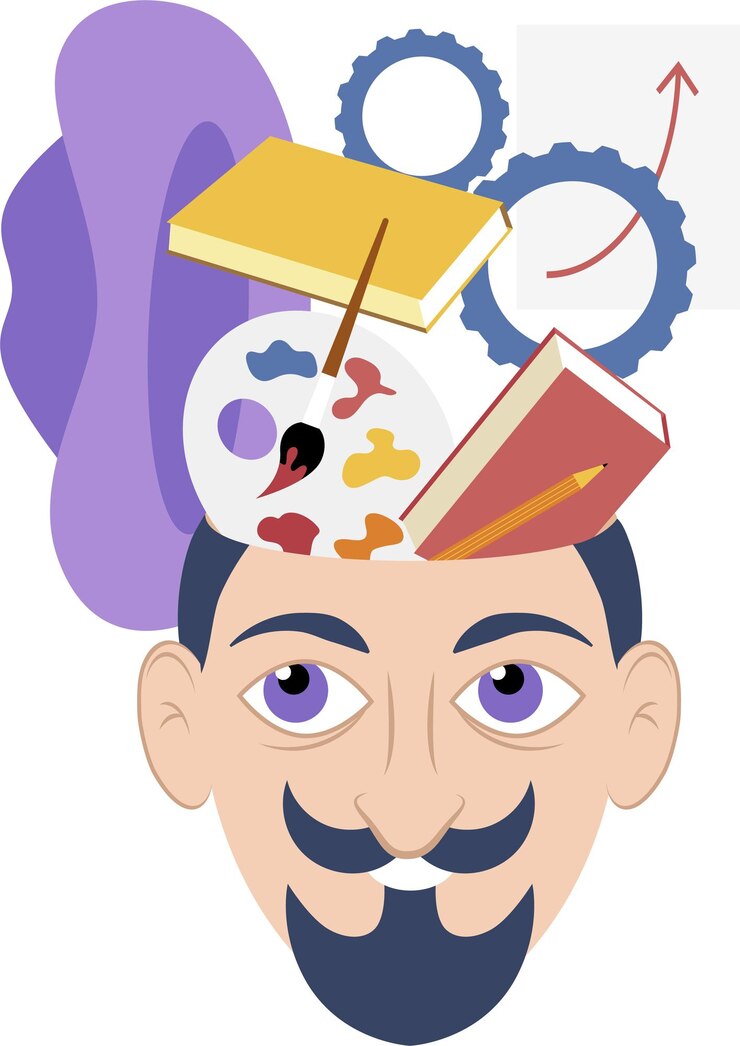 Vector cabeza de hombre en un proceso de pensamiento de sombrero conocimiento en ilustración de vector de cabeza en estilo plano