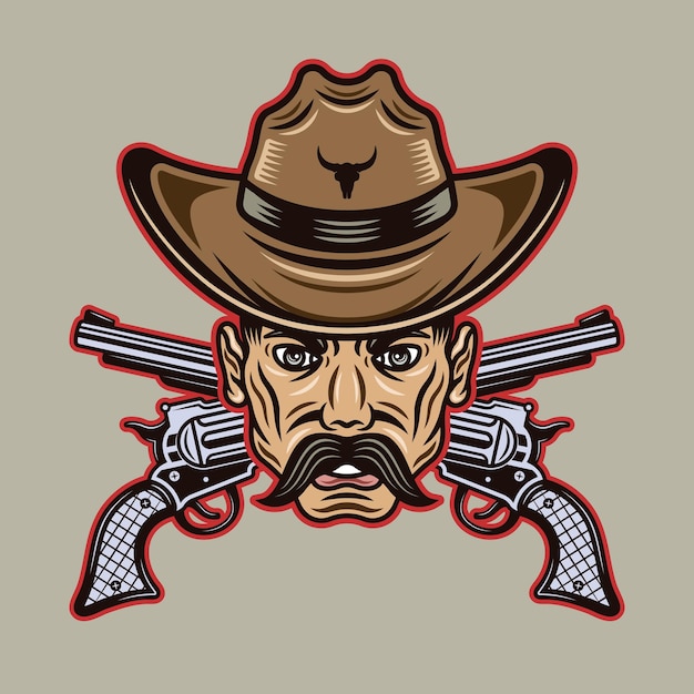 Cabeza de hombre vaquero con bigote en sombrero y pistolas cruzadas ilustración vectorial en estilo de dibujos animados coloridos aislado sobre fondo claro